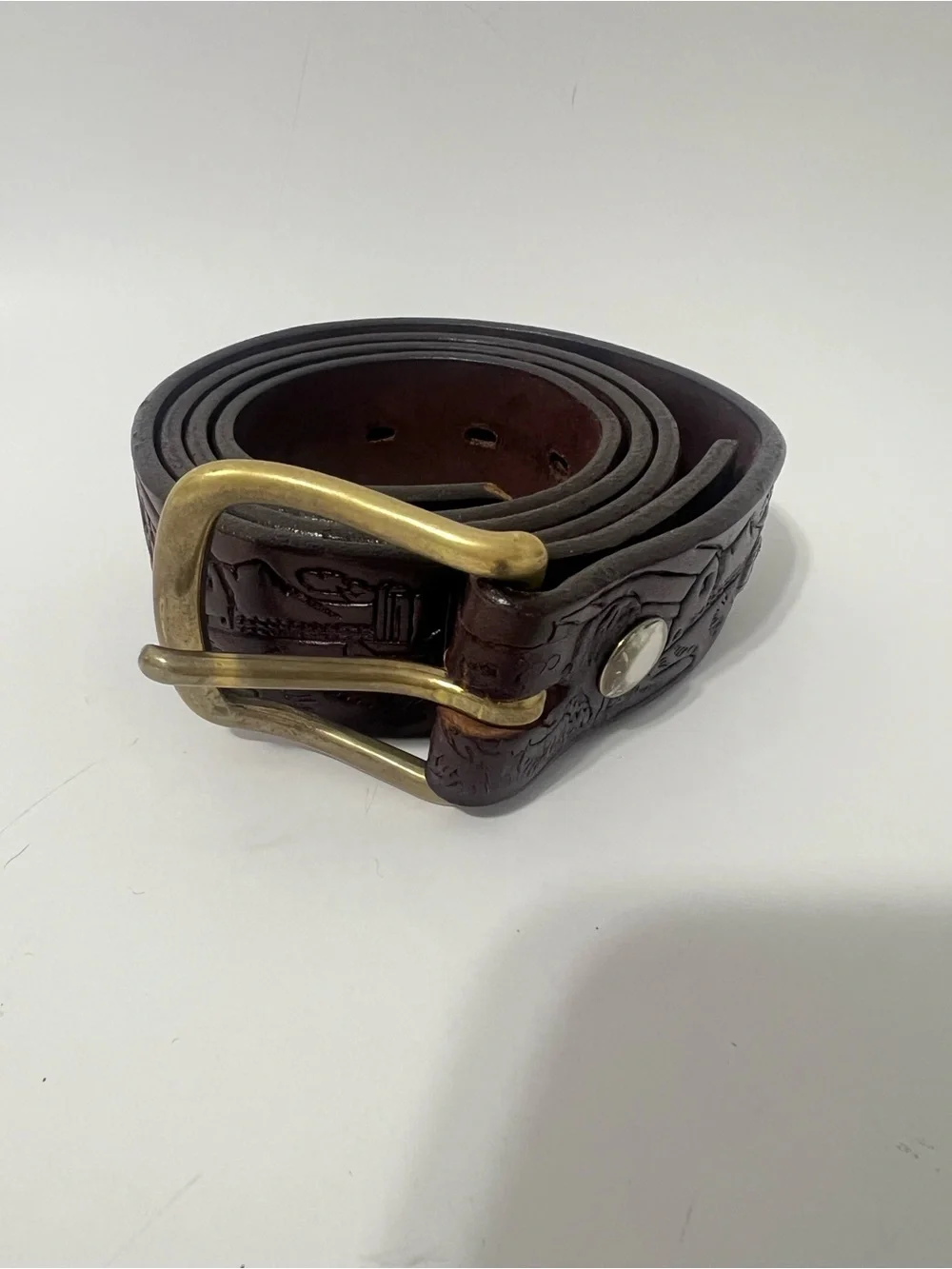 Vintage Leather Embossed Farm Cow Scene Western Rodeo Belt Brown Size 42